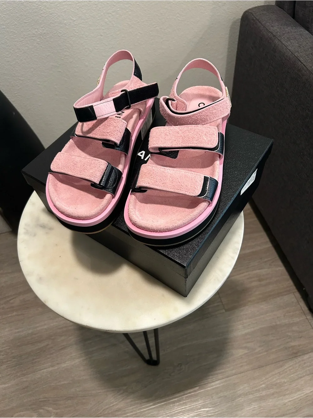 CHANEL Pink Suede Sandals with Black Trim